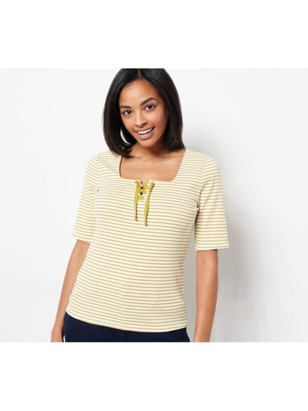 Candace Cameron Bure Top sz 2X Plus Striped Lace-Up Rib Knit Olive Green A488205